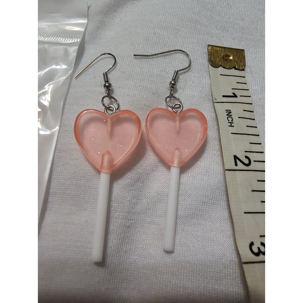 Pink Heart Lollipop Dangle Pierced Earrings Resin Gold Hook Candy 2.5"